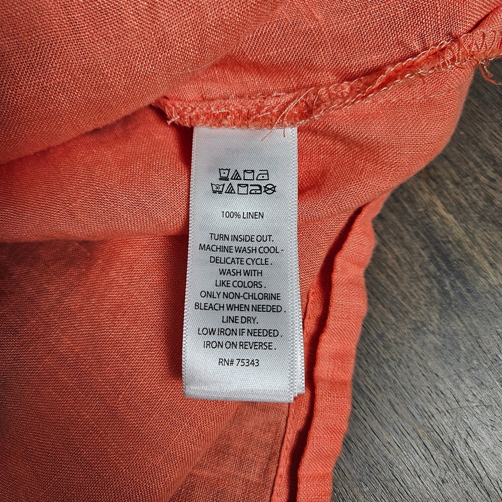 Isaac Mizrahi Women L Linen‎ Blouse 3/4 Sleeve Tie Hem Coastal Coral Resort Top - Picture 4 of 8